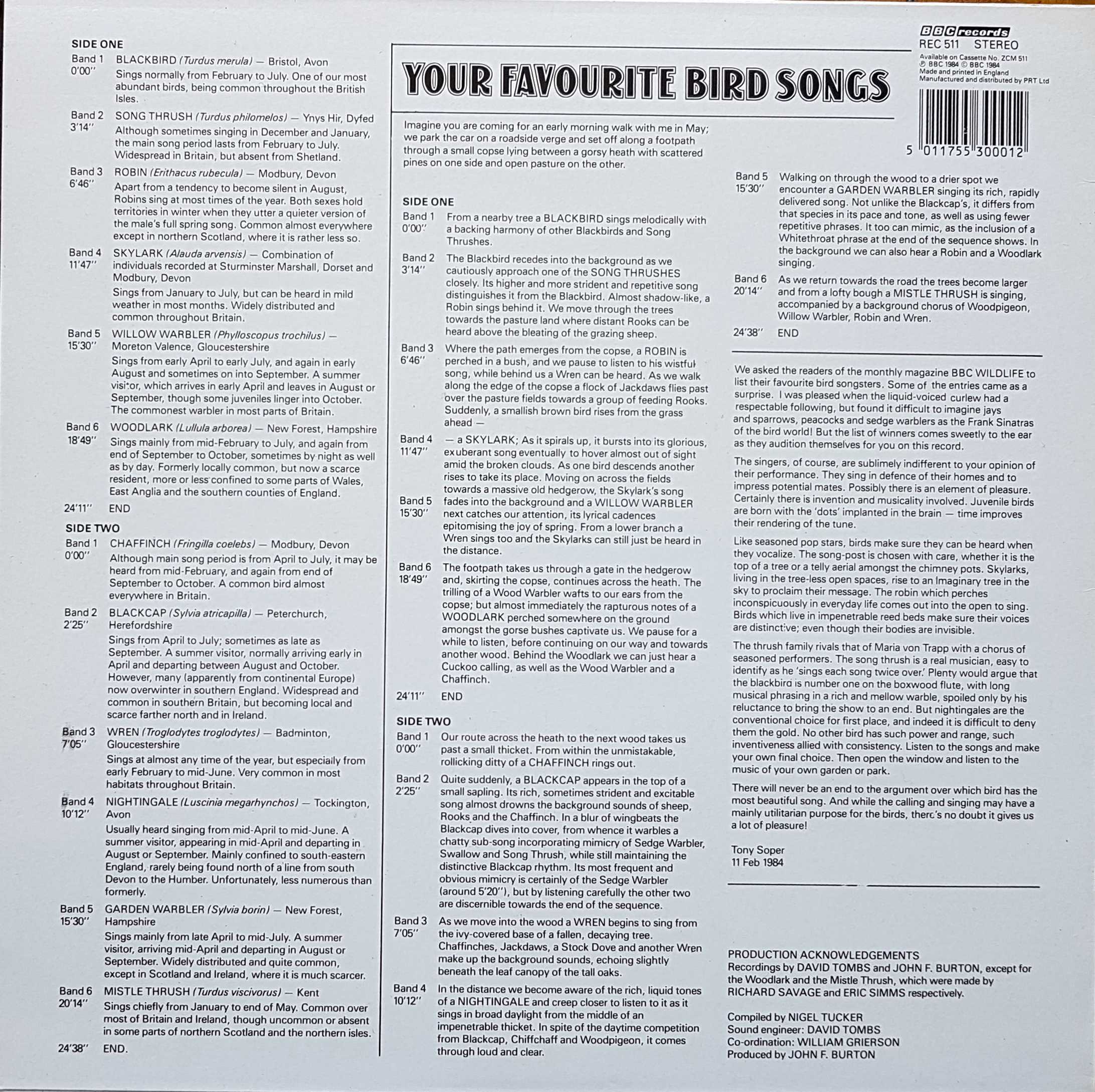 Picture of REC 511 Your favourite bird songs by artist Various from the BBC records and Tapes library